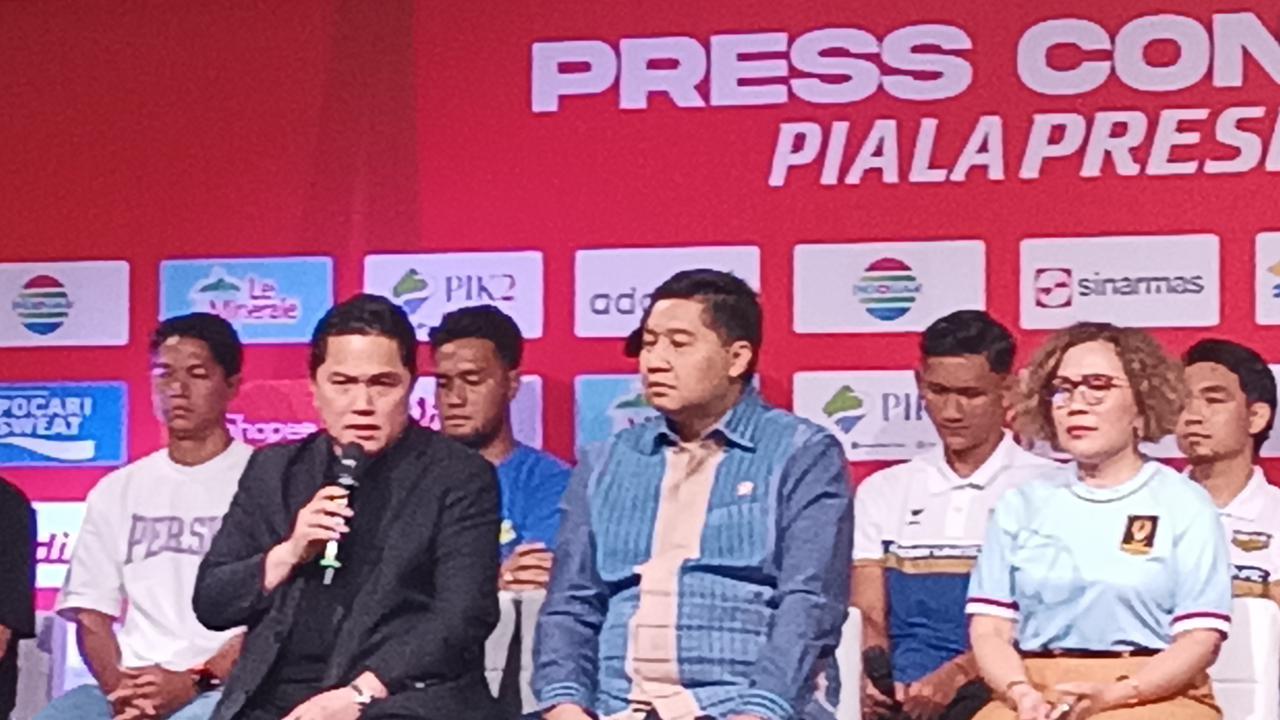 Erick Thohir saat konferensi pers di SCTV Tower, Senayan, Jakarta, Jumat (4/7).