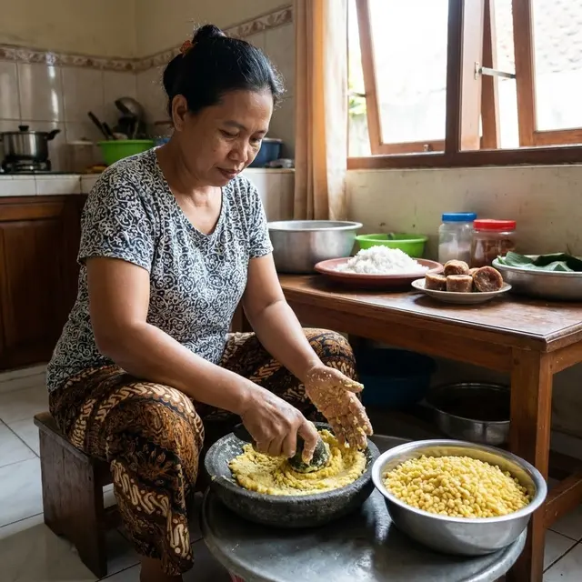 Menghaluskan kacang hijau untuk isian kue ku