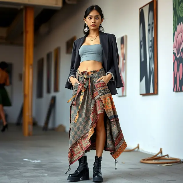 Model Rok Batik Wrap dengan Deconstructed Look
