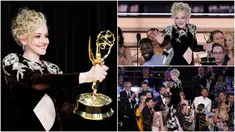 Foto kolase Julia Garner saat menerima penghargaan kategori aktris pendukung terbaik dalam serial drama pada ajang Primetime Emmy Awards ke-74 di Microsoft Theater, Los Angeles, Amerika Serikat, 12 September 2022. Julia Garner memenangkan penghargaan tersebut berkat perannya dalam serial drama 'Ozark'. (AP Photo/Mark Terrill/Danny Moloshok)