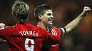 Liverpool's Steven Gerrard celebrates with Fernando Torres after Torres scored the winning goal against Preston North End during their English FA Cup match at Deepdale in Preston, on January 3, 2009. AFP PHOTO/PAUL ELLIS