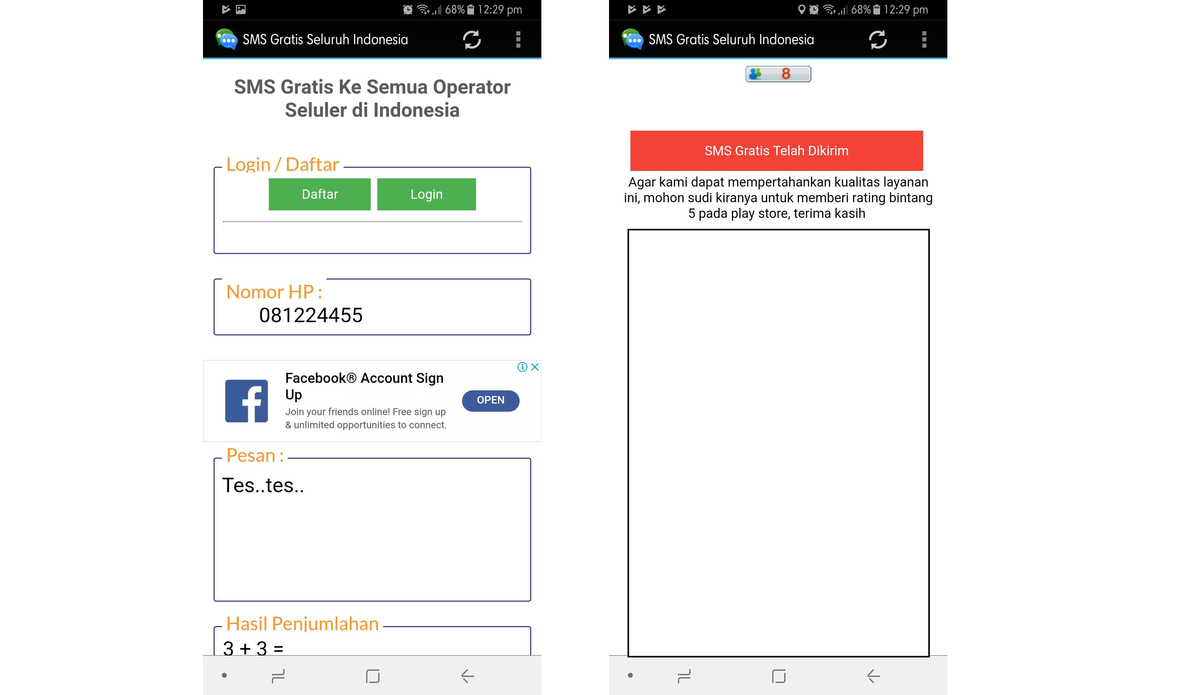 Mengirim SMS Gratis lewat aplikasi Android Free SMS (Texting). (Liputan6.com/ Agustin Setyo W)