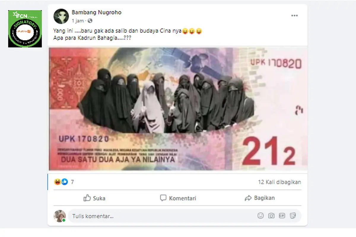 Cek Fakta Liputan6.com menelusuri klaim foto uang 212 bergambar perempuan bercadar
