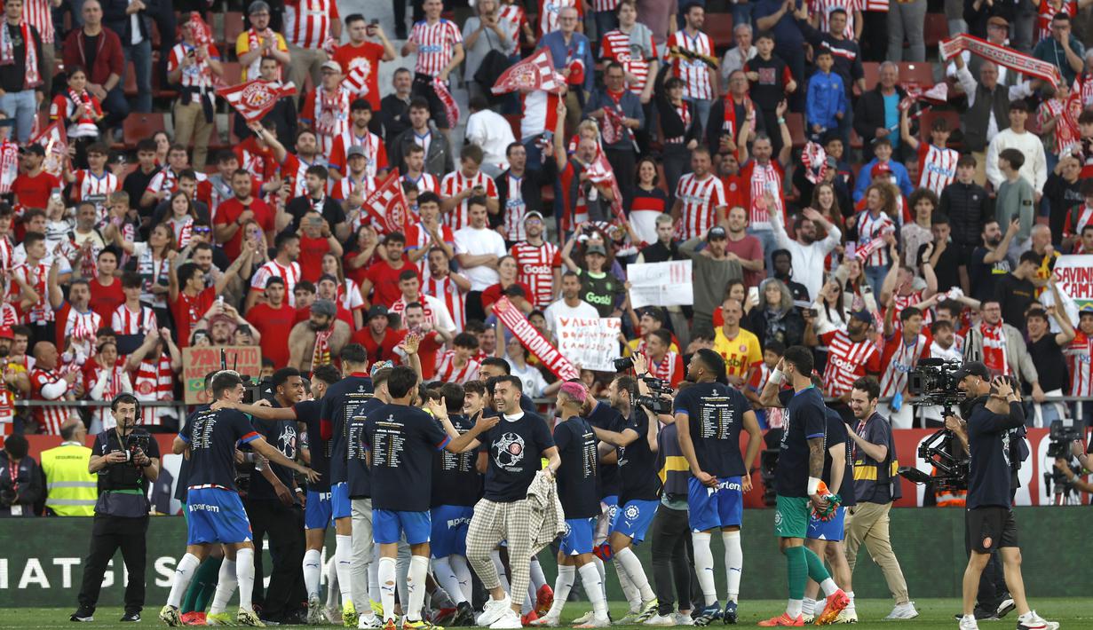 Lolos ke Liga Champions tentu menjadi prestasi besar untuk Girona. Ini untuk pertama kalinya mereka tampil di ajang antarklub paling elite di Eropa tersebut. (AP Photo/Joan Monfort)