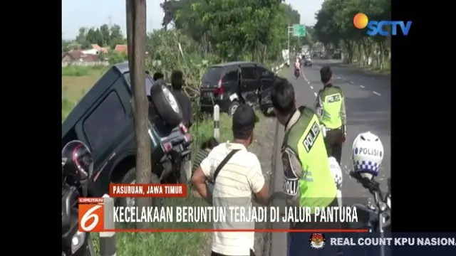 Kecelakaan beruntun antara tiga kendaraan terjadi di jalur pantura Probolinggo-Pasuruan. Sebuah jeep menabrak satu minibus dan bus penumpang.