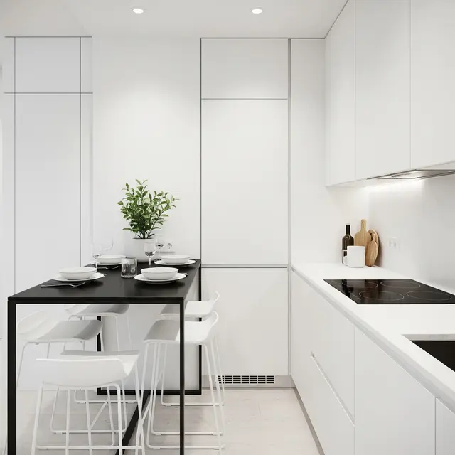 Dapur Rumah Minimalis Menyatu Ruang Makan dengan Meja Keramik Simpel