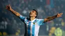 Penyerang Argentina, Sergio Aguero melakukan selebrasi usai mencetak gol ke gawang Paraguay pada semifinal Copa Amerika 2015 di Concepcion, Chili, (1/7/2015). Argentina melangkah ke final usai mengalahkan Paraguay 6-1. (Reuters/Andres Stapff)