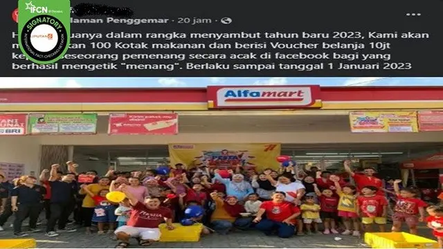 Gambar Tangkapan Layar Informasi Hoaks Alfamart Bagikan Kotak Makanan dan Voucher Belanja Rp 10 Juta Sambut Tahun Baru 2023 (sumber: Facebook).