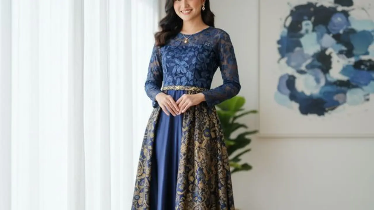 Ilustasi Long Dress Batik Kombinasi Satin (Sumber: Gemini AI)