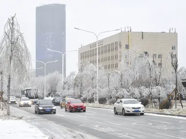 Sejumlah kendaraan melintas di sebuah jalan yang tertutup es di Changchun, Provinsi Jilin, China timur laut, pada 19 November 2020. Hujan lebat dan salju yang jarang terjadi disertai angin kencang melanda Changchun pada 18 dan 19 November. (Xinhua/Xu Chang)