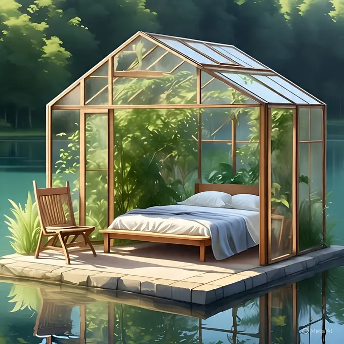 Ilustrasi Rumah Kaca di Pinggir Danau