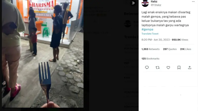 Lari saat gempa bumi yang berpusat di Bantul Yogyakarta pada 30 Juni 2023, seorang warganet berakun @TItabz membagikan foto saat membawa garpu warteg.