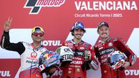 Sedangkan posisi kedua ditempati Pembalap Pramac Racing, Jorge Martin yang sama-sama dari pabrikan Ducati. Dan Posisi ketiga ditempati oleh rekan satu tim Pecco Bagnaia yaitu Jack Miller. (AP Photo/Alberto Saiz)