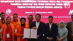KPU DKI Jakarta menetapkan pasangan calon gubernur/calon wakil gubernur Jakarta pada Pemilihan Kepala Daerah (Pilkada) 2024 nomor urut 3 Pramono Anung-Rano Karno unggul dengan perolehan 2.183.239 suara atau 50,07 persen. (Liputan6.com/Angga Yuniar)