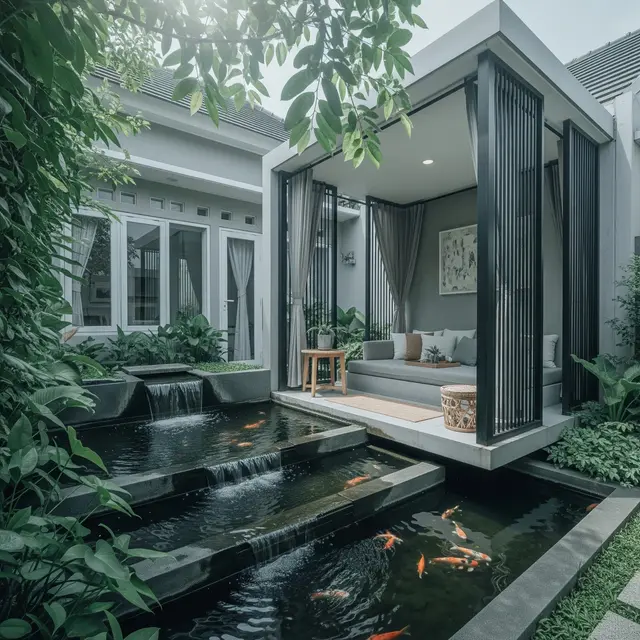 Desain Belakang Rumah Minimalis yang Cocok untuk Kolam Ikan Kecil dan Sudut Santai Keluarga