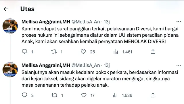 Cuitan Pengacara David Ozora, Mellisa Anggarini, M.H., soal diversi. (Foto: Dok. Twitter @MellisA_An)