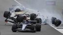 Mobil pebalap Alfa Romeo, Zhou Guanyu, mengalami kecelakaan saat beraksi pada F1 GP Inggris di Sirkuit Silverstone, Inggris. (AP/Frank Augstein)