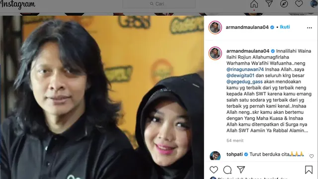 Unggahan Armand Maulana soal Rina Gunawan. (Foto: Instagram @armandmaulana04)