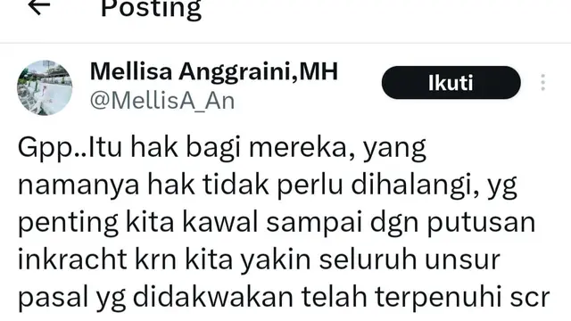 Unggahan Mellisa Anggraini kuasa hukum David Ozora soal kasus Mario Dandy. (Foto: Dok. Twitter @MelliA_An)