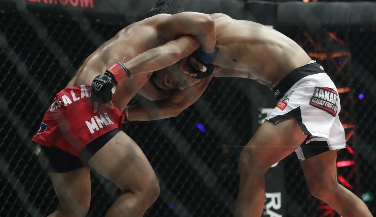 Petarung Indonesia, Stefer Rahardian, saling dorong dengan petarung Filipina, Robin Catalan, saat bertarung pada laga ONE Championship di Istora Senayan, Jakarta, Sabtu (19/1). Stefer Rahardian kalah dari Robin Catalan. (Bola.com/M. Iqbal Ichsan)