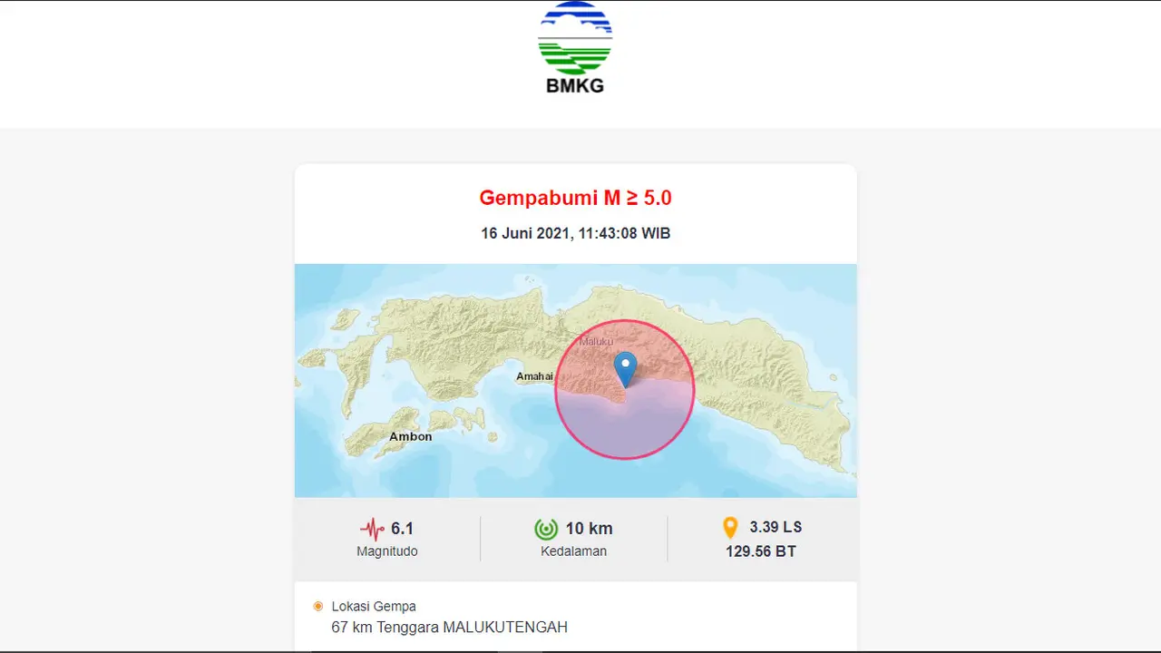 Gempa magnitudo 6,1 mengguncang tenggara Maluku Tengah, Rabu (16/6/2021). (BMKG)
