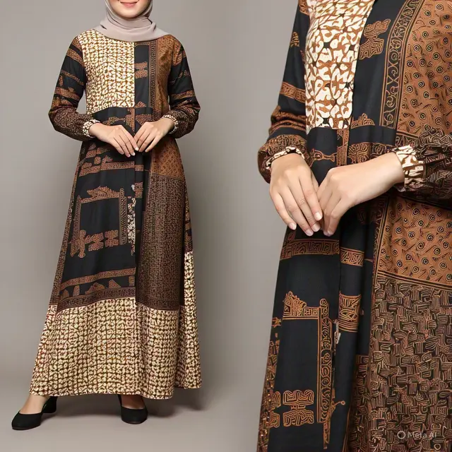 dress batik kombinasi warna hitam dan coklat khas batik