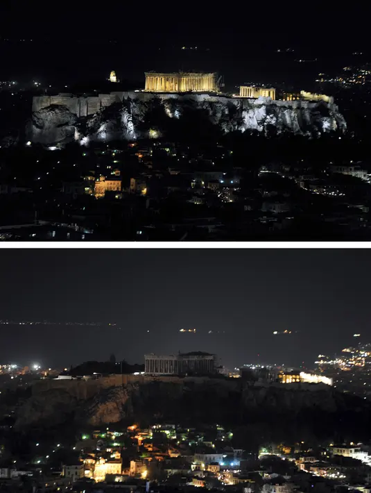Sebuah gambar kombinasi yang menunjukkan pemandangan bukit Acropolis sebelum dan selama Earth Hour di Athena, Yunani (19/3/2016). (Reuters / Michalis Karagiannis)