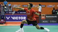 Tunggal putra Indonesia Jonatan Christie saat menghadapi Lee Chia Hao dari Chinese Taipei pada perempat final Hong Kong Open 2023. Jojo menang 21-19 dan 21-18 di&nbsp;Hong Kong Coliseum, Kowloon, Jumat (15/9/2023). (foto: PBSI)