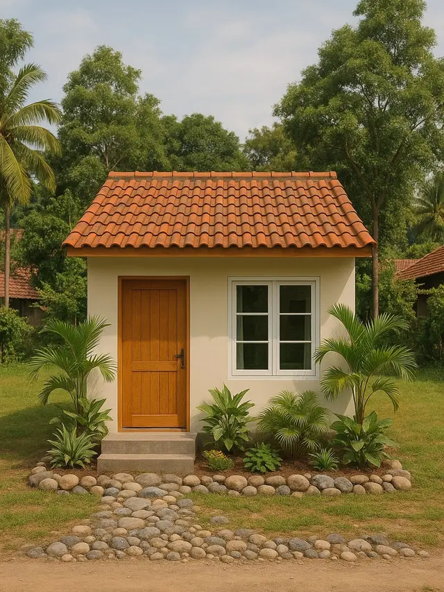 Gambar Rumah Sederhana Ukuran 5x7 di Kampung dengan Taman Kecil di Depan