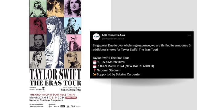 Pengumuman additional dates konser The Eras Tour Taylor Swift di Singapura.