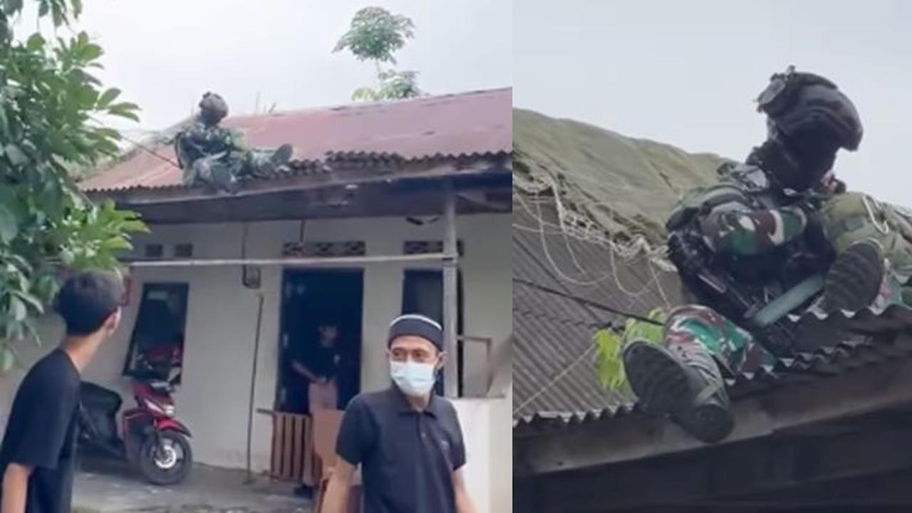 Kemunculan Prajurit TNI Penerjun Bikin Satu Keluarga Terkejut Keluar Rumah, Tak Disangka Ternyata Nyangkut di Genteng