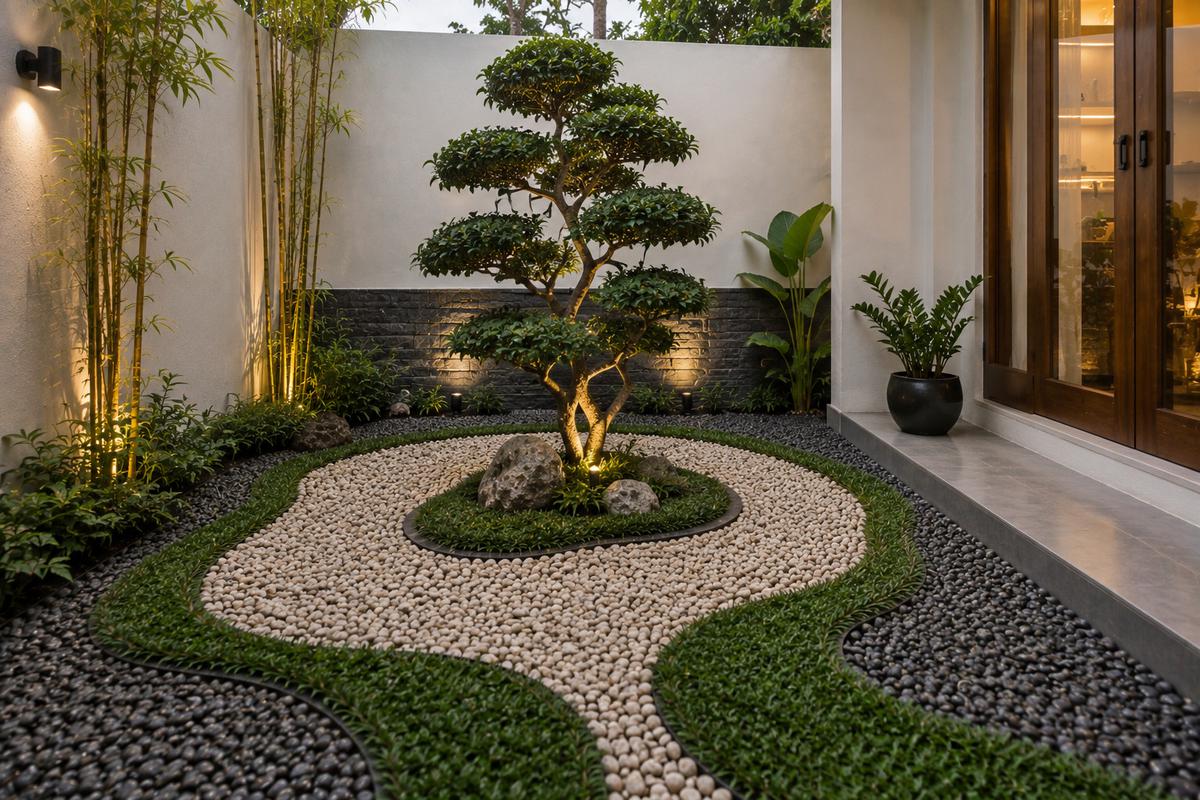 Inspirasi Kombinasi Batu Koral dan Rumput untuk Taman Minimalis