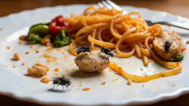 Lalat berada di sisa makanan di dapur