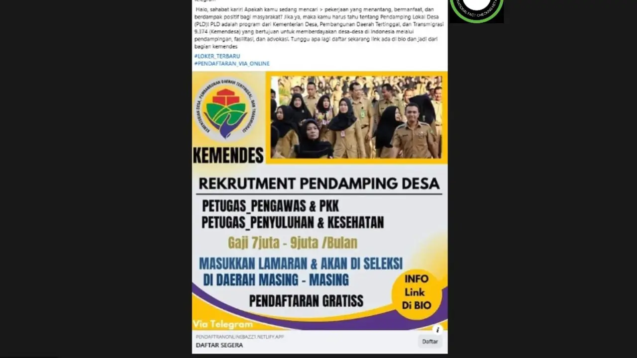 Cek Fakta Liputan6.com mendapati klaim link pendaftaran Pendamping Lokal Desa (PLD) 2026 dengan gaji Rp 7 - 9 juta per bulan.