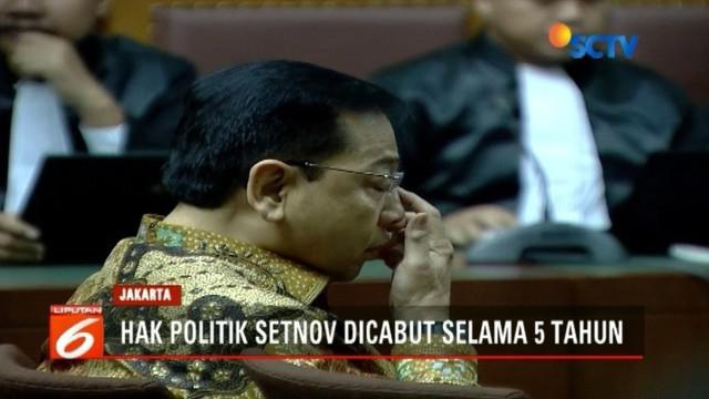 Mantan Ketua DPR RI Setya Novanto divonis hukuman 15 tahun penjara, dan denda 7,3 juta USD. Selain itu, hak politik Setnov juga dicabut selama 5 tahun.