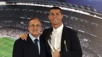 Cristiano Ronaldo (kanan) dan presiden klub, Florentino Perez berpose usai penandatanganan  kontrak baru di  Santiago Bernabeu stadium, Madrid, (7/11/2016). Ronaldo sepakat bersama Real Madrid hingg Juni 2021. (AFP/Gerard Julien)