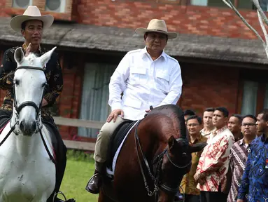 Ketua Umum Partai Gerindra Prabowo Subianto mengajak Presiden Joko Widodo (Jokowi) untuk naik kuda di kediamannya di Hambalang, Bogor, Senin (31/10). Jokowi dan Prabowo usai melakukan pertemuan tertutup selama hampir 2 jam. (Liputan6.com/Faizal Fanani)