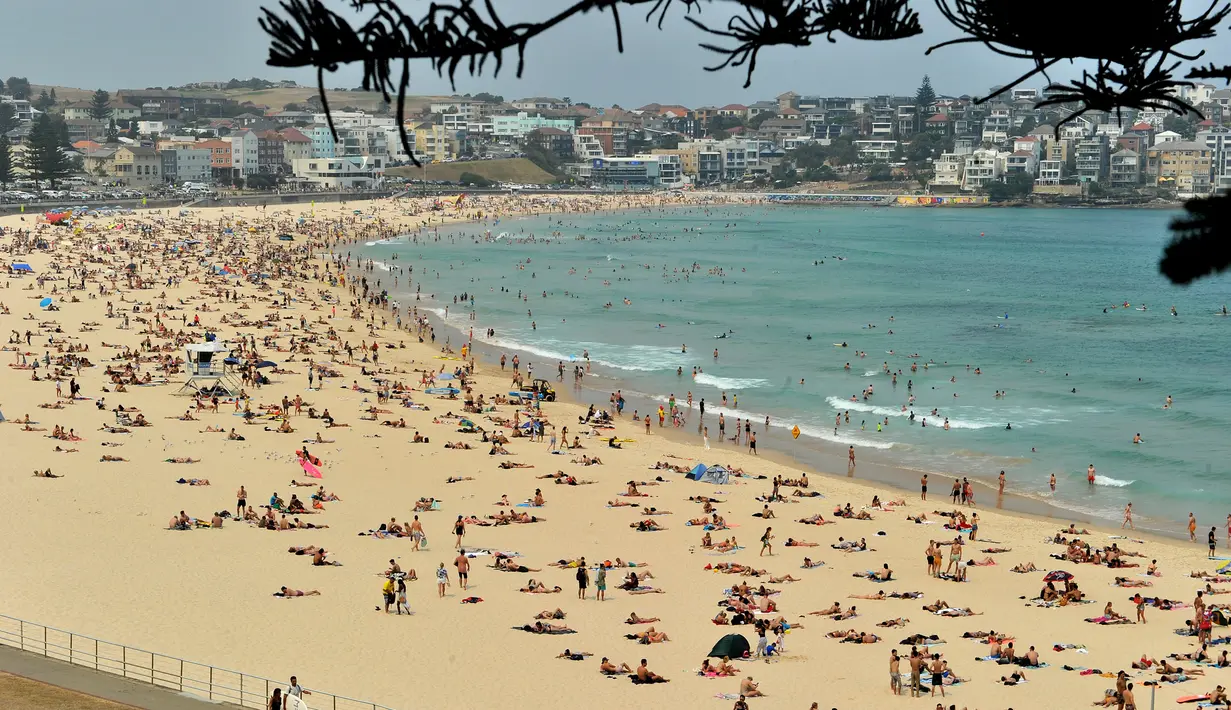 Suasana pantai Bondi ketika suhu udara panas meningkat di Sydney (21/12/2019). Australia pekan ini mengalami rekor hari terpanasnya yang tercatat dalam sejarah dan gelombang panas diperkirakan akan terus meningkat. (AFP/Farooq Khan)