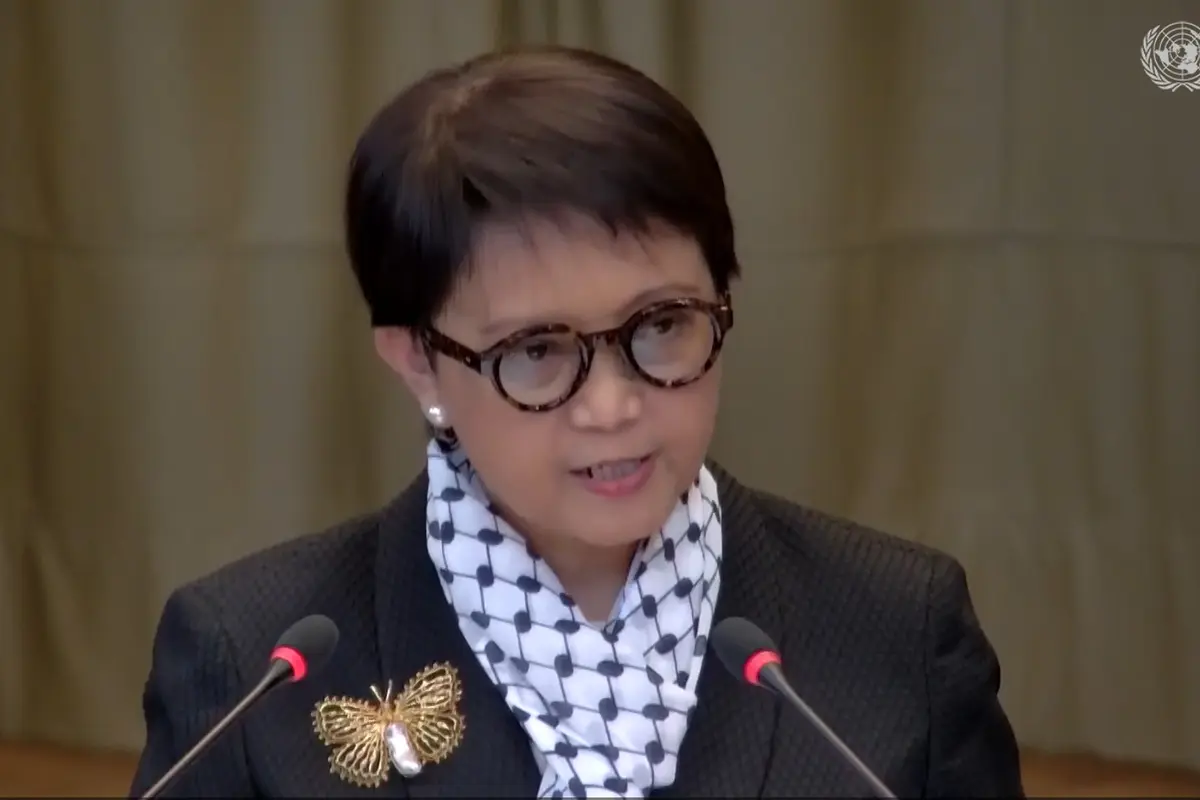 Menteri Luar Negeri RI Retno Marsudi menyampaikan pembelaan untuk rakyat Palestina di Mahkamah Internasional (ICJ) di Den Haag, Belanda pada Jumat (23/2) (ICJ)/
