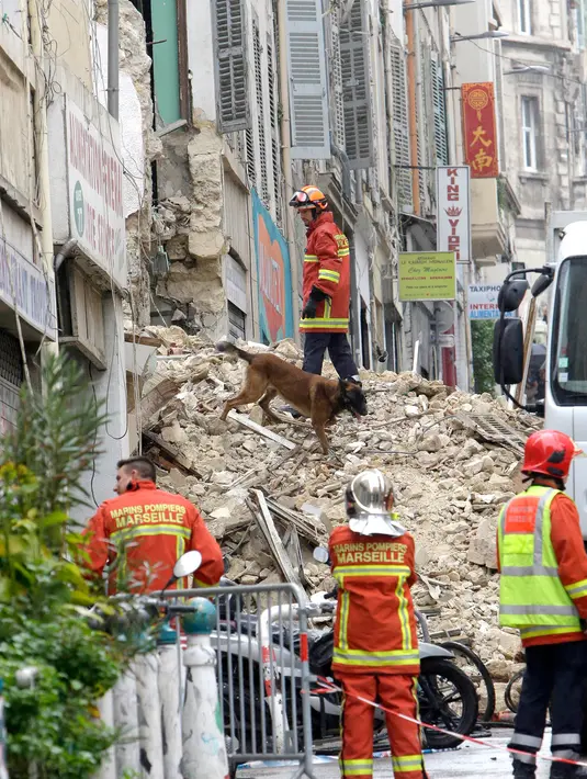 Petugas menggunakan anjing pelacak untuk menemukan korban  terperangkap di puing bangunan yang runtuh di Marseille, Prancis, Senin (5/11). Tidak ada korban jiwa dalam runtuhnya bangunan lima lantai yang merupakan tempat tinggal tersebut. (AP/Claude Paris)