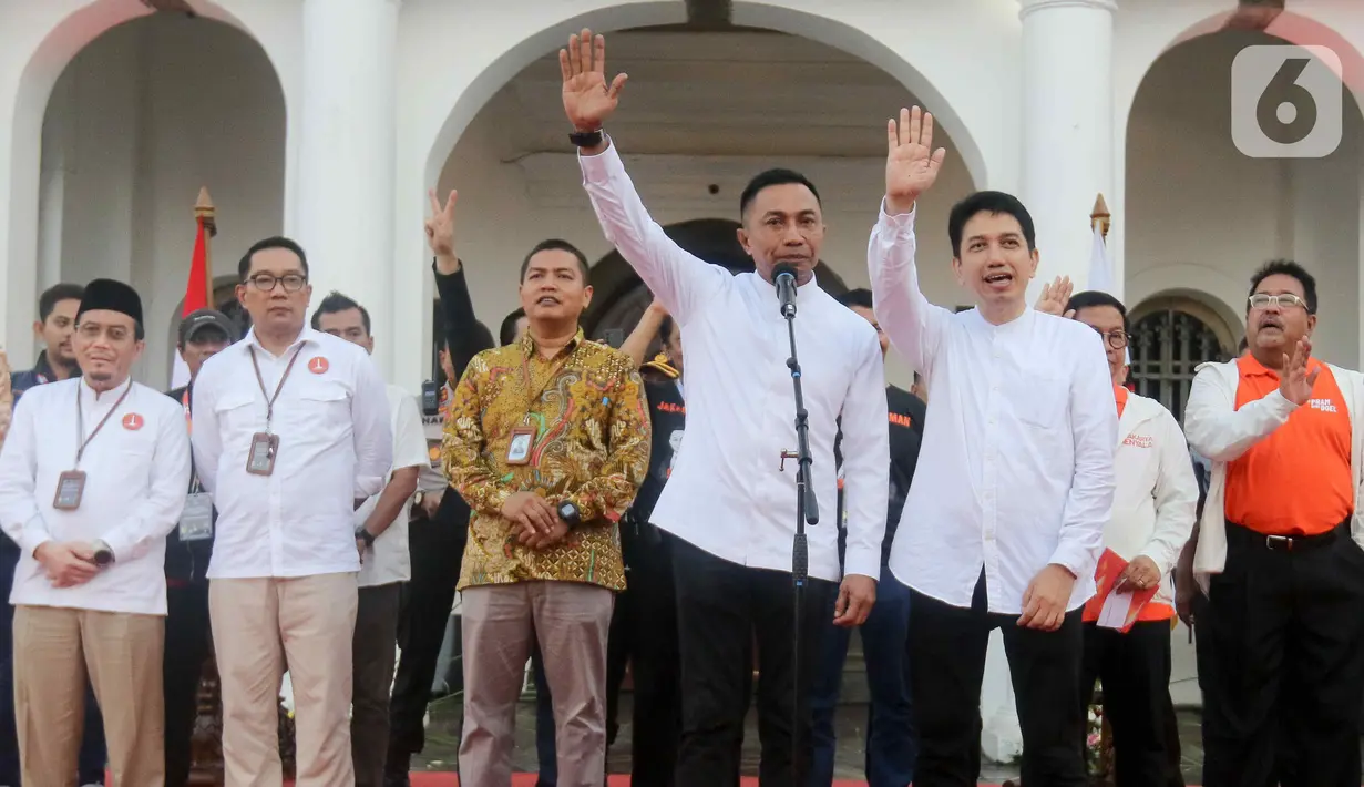Tiga pasangan cagub-cawagub DKI Jakarta 2024 adalah Ridwan Kamil-Suswono, Dharma Pongrekun-Kun Wardana, dan Pramono Anung-Rano Karno. (Liputan6.com/Herman Zakharia)