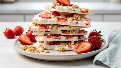 Resep Stroberi Yogurt Bark dengan Topping Granola, Camilan Dingin yang Praktis dan Menyegarkan