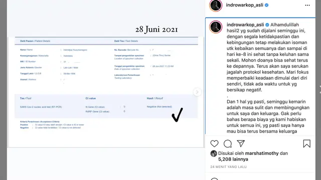 Unggahan Indro Warkop. (Foto: Instagram @indrowarkop_asli)