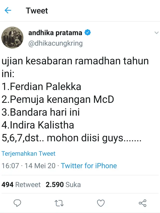Unggahan Andhika Pratama. (Foto: Twitter @dhikacungkring)