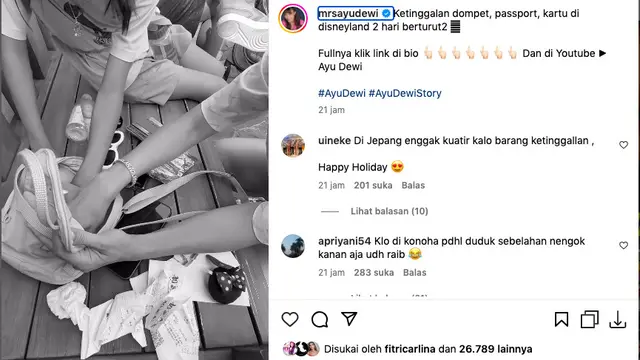 Ayu Dewi dan Regi Datau Nyaris Kehilangan Tas Berisi Dompet, Barang Berharga, hingga Paspor Saat Liburan di Jepang. (instagram.com/mrsayudewi)