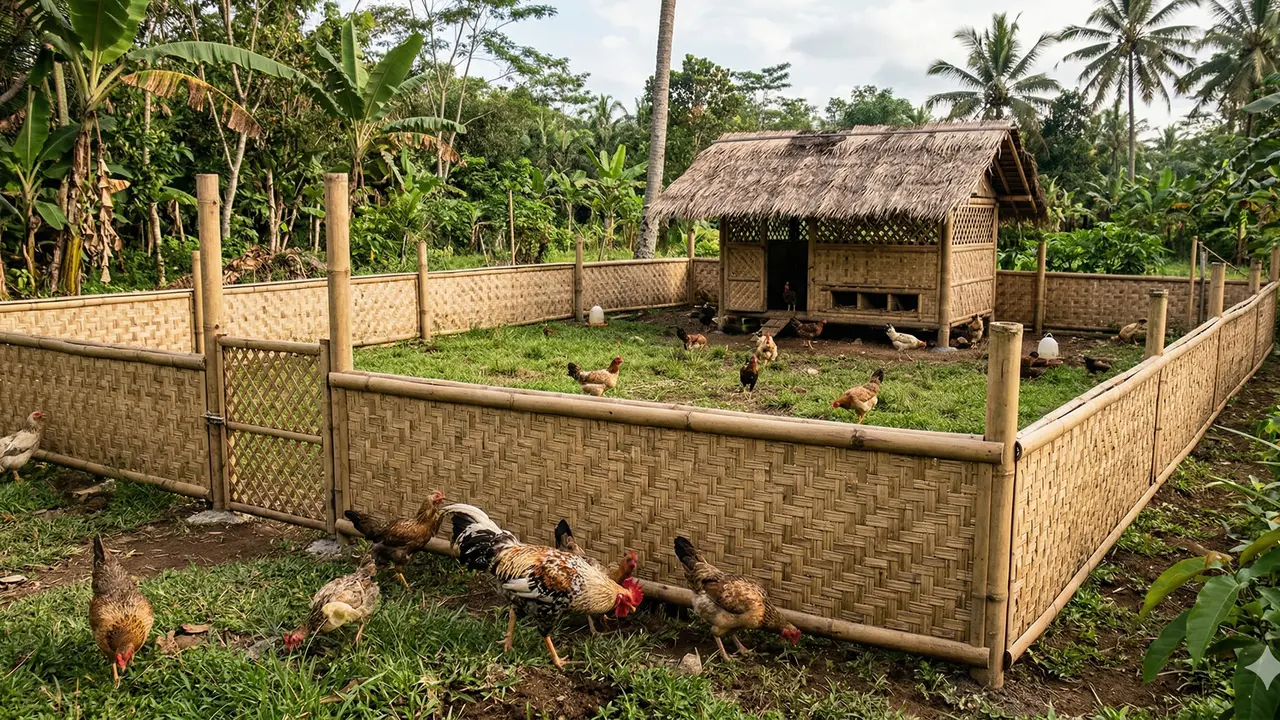 Kandang Ayam Umbaran dengan Pagar Bambu (Foto: Gemini AI)