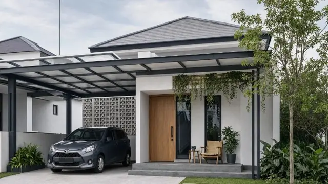 Ide Desain Halaman Depan Rumah dengan Carport dan Teras (AI Generated)