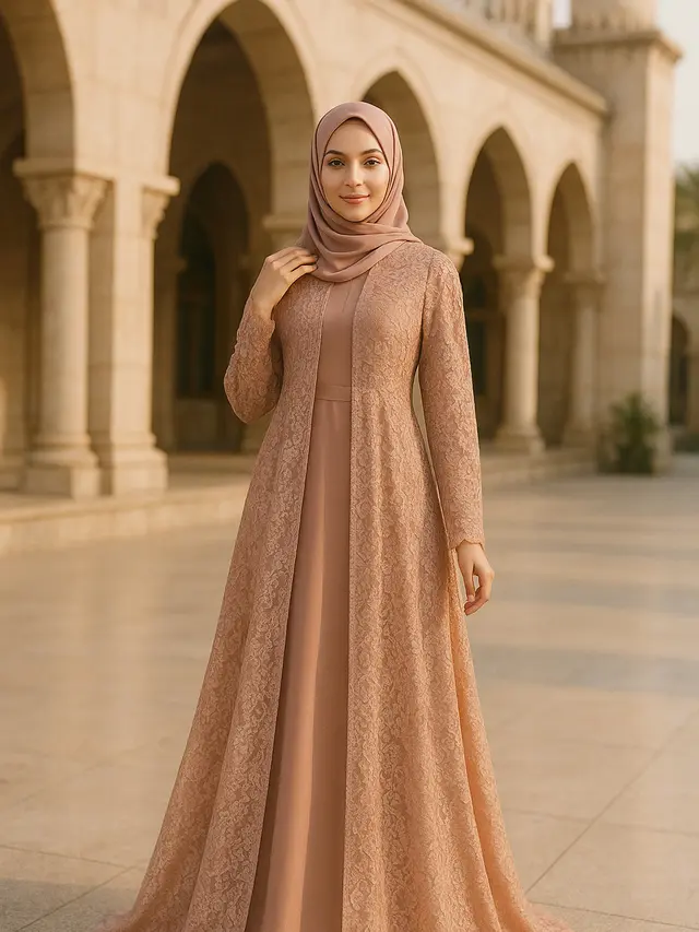 Model Gamis Syari A-Line Kombinasi Brokat Modern