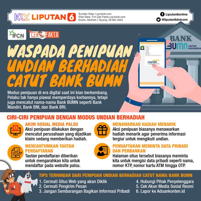 INFOGRAFIS CEK FAKTA_Waspada Penipuan Undian Berhadiah Catut Bank BUMN, Kenali Cara Mencegahnya (liputan6.com/Abdillah)