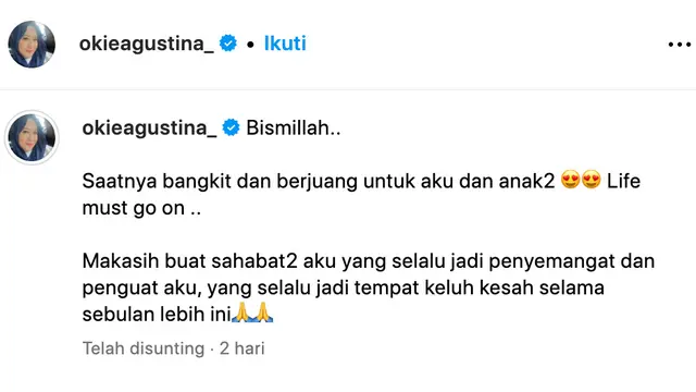 Unggahan Okie Agustina. (Foto: Dok. Instagram @gunawandwicahyo13)